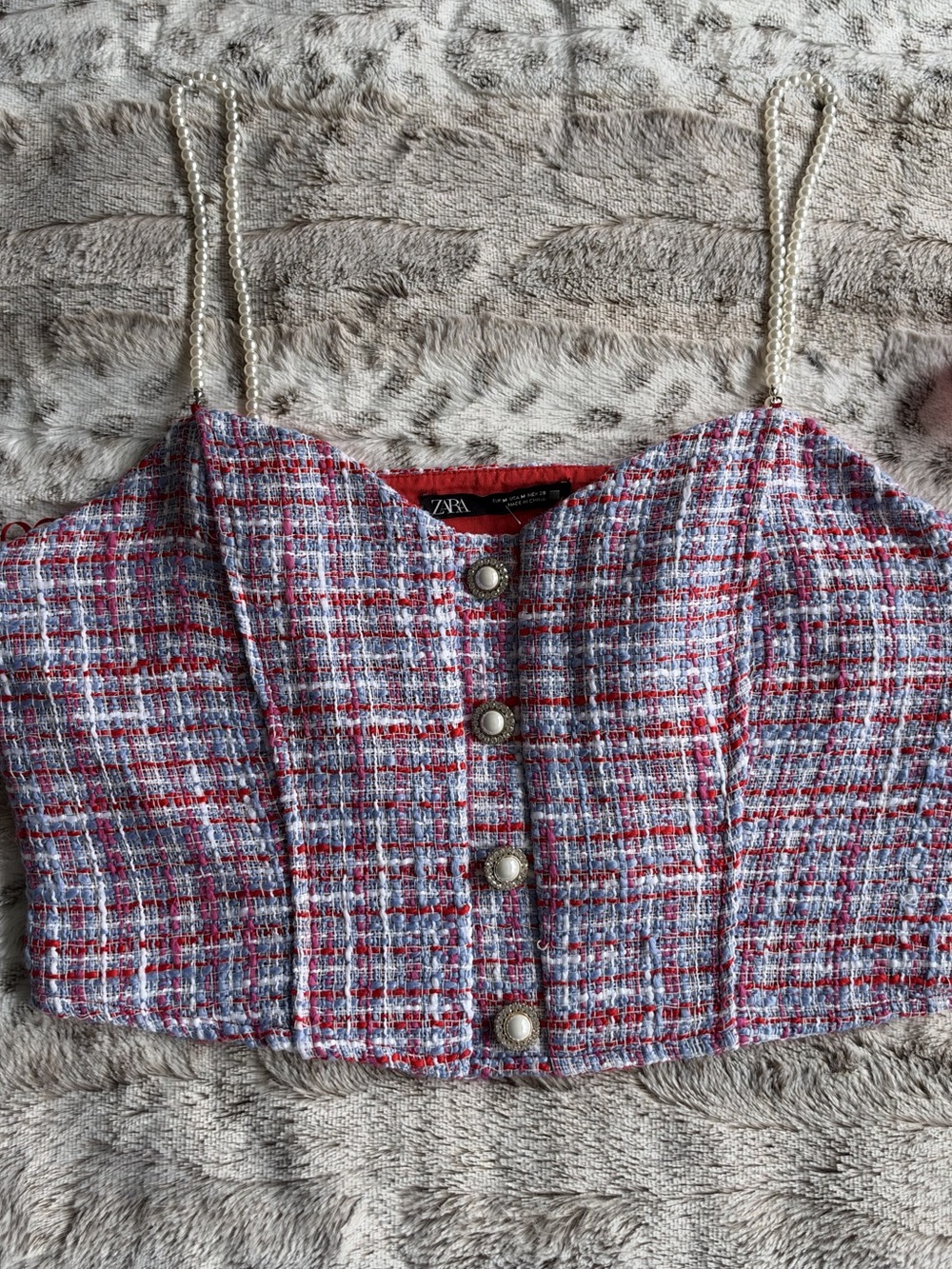 Y2K Zara Tweed Crop Top with Pearl Straps Plaid Red & Blue